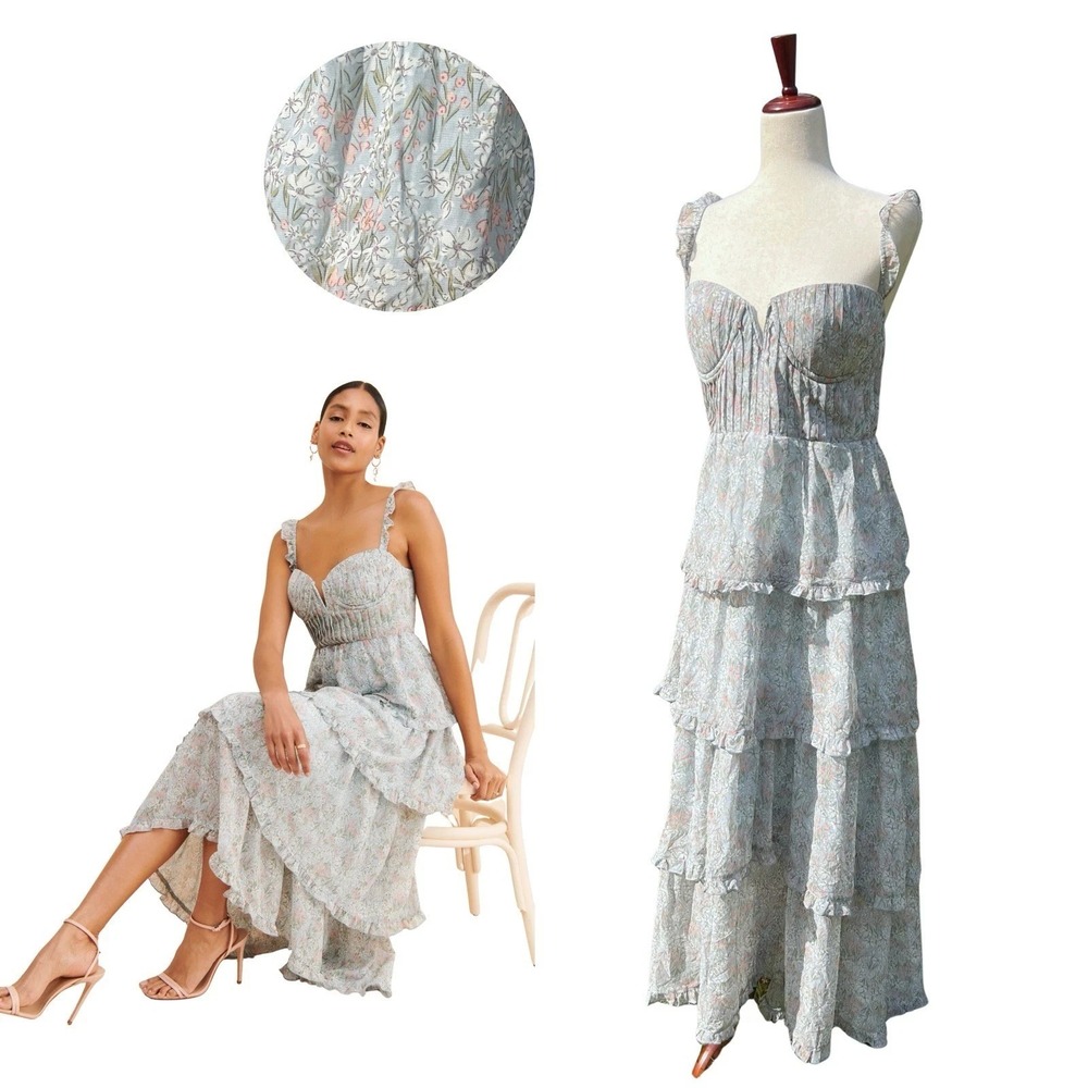ASTR Tiered Maxi Dress Size XL Blue Floral Romantic Ruffle Boho Summer - Picture 4 of 8